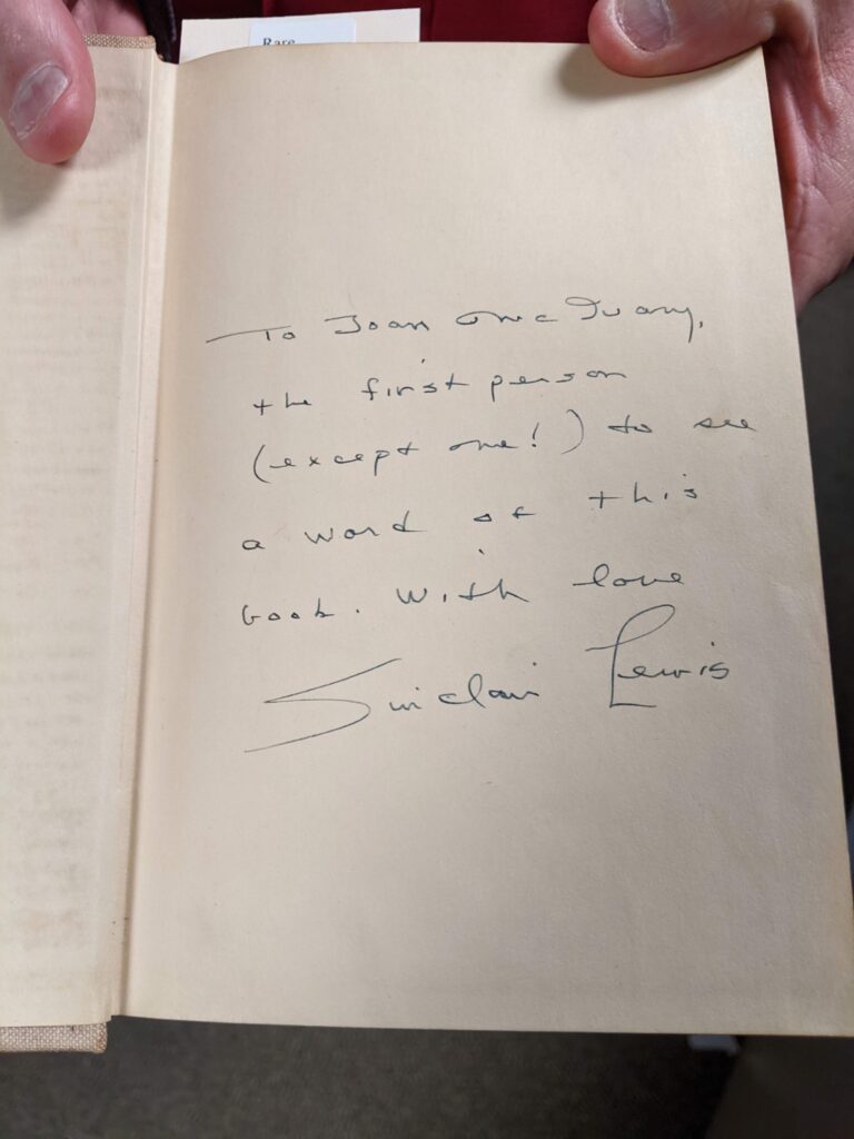 An end page of the novel "Gideon Planish" includes the handwritten message "To Joan McQuary, the first person (except one!) to see a word of this book. With love, Sinclair Lewis"