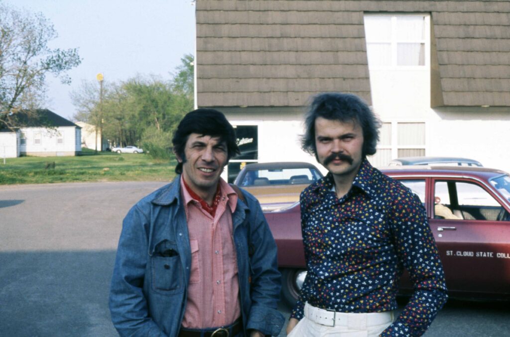 Leonard Nimoy and Brenton Steele stand next to each other outside at St. Cloud State University
