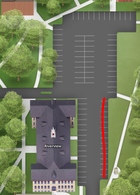 A map of H Lot on the SCSU campus with a red line though a row of spots directly across from a building labeled Riverview