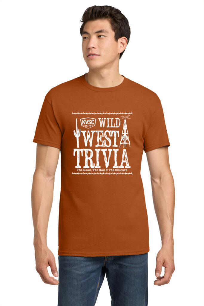 A model wears a Wild West Trivia t-shirt