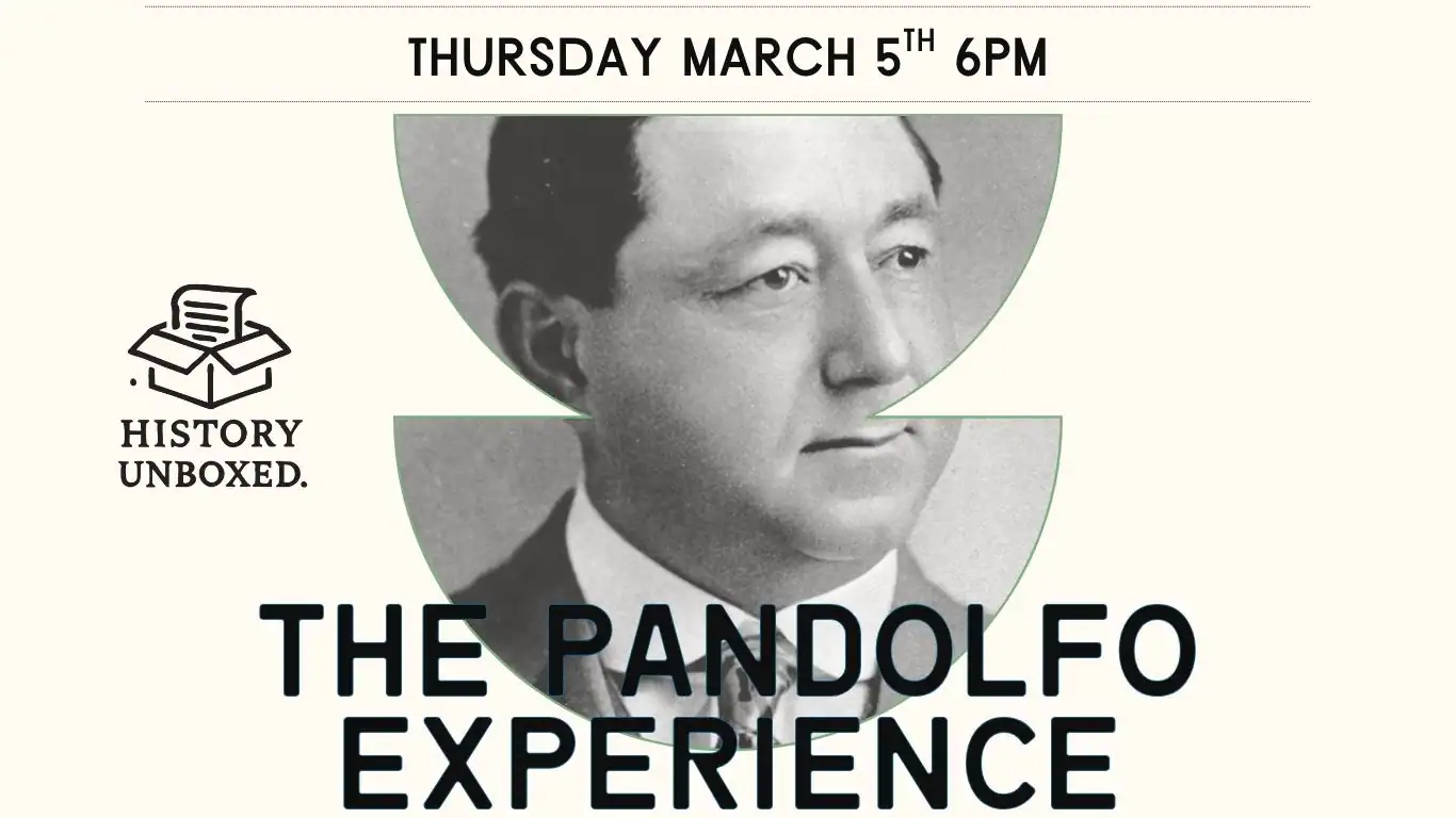 A graphic that shows an image of Samuel Pandolfo along with information about the event
