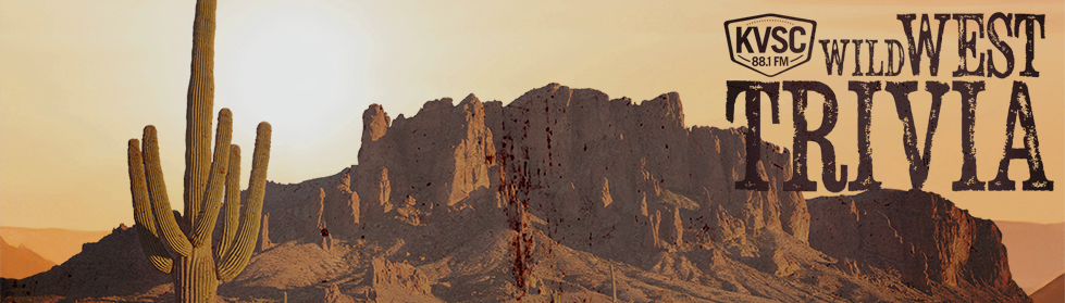 An image of a KVSC Wild West Trivia logo that includes a sepia-toned vista that includes a cactus and some mesas