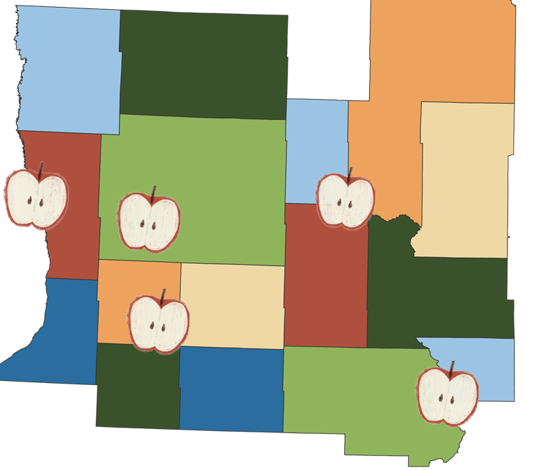 A multicolored map of several Minnesota counties with apples indicating the locations of the food event
