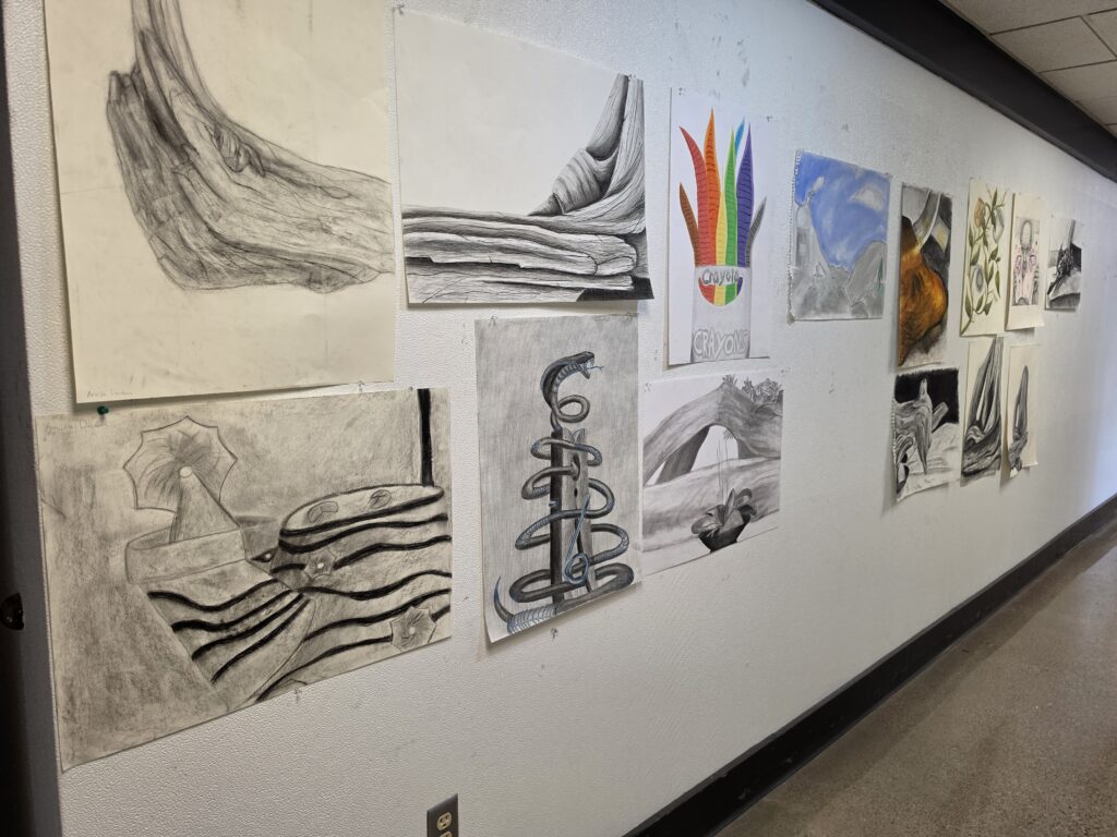Student art work on the wall inside the Kiehle Visual Arts Center as seen on March 25, 2026