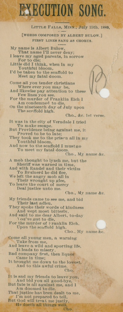 Lyrics to Albert Bulow's execution song