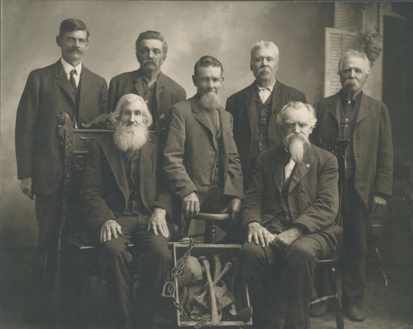 Some of the men who dug up the bones of the lynched Native Americans in June 1901. Standing from left: Charles Simmons, Frank Dufort, Sr., James Tanner, Joseph Boisjoli, Leon Boisjoli. Seated: William Nicholson (left), Nathan Richardson (right). Photo c. 1902)