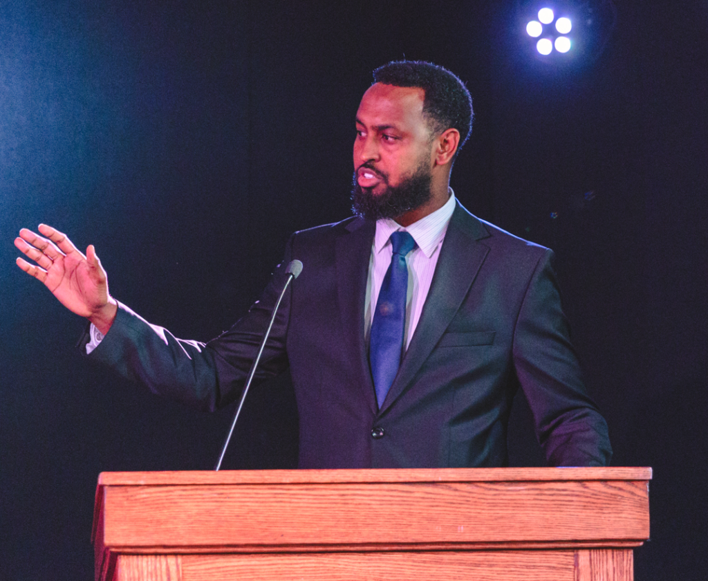 Abdi Daisane talks during the MN House 14A Debate at KVSC