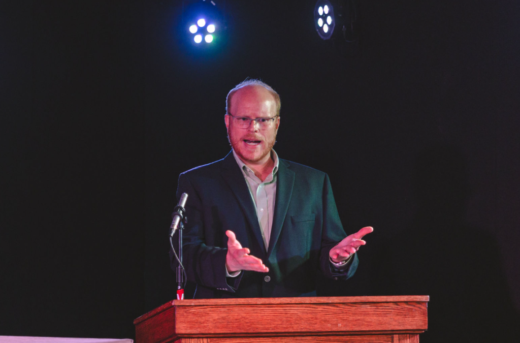 Zach Dorholt talks during the live debate at KVSC on Sept. 1, 2026