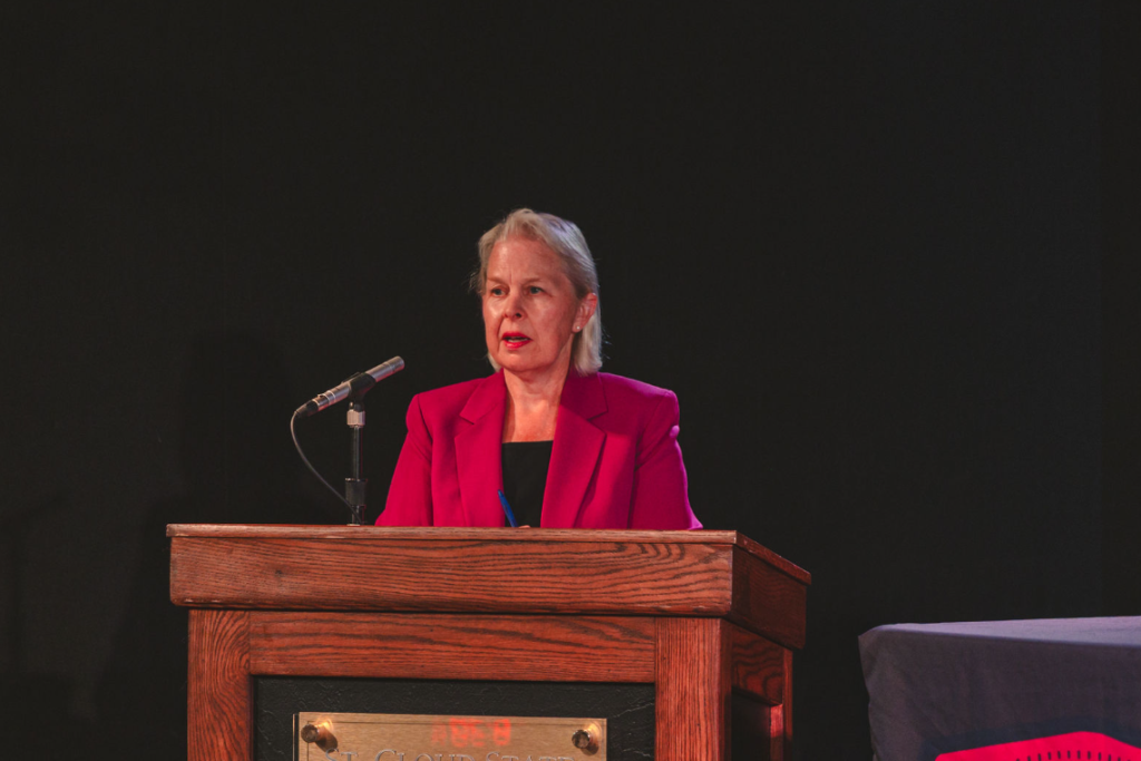 Republian Sue Ek talks during a live debate at KVSC on Sept. 1, 2026