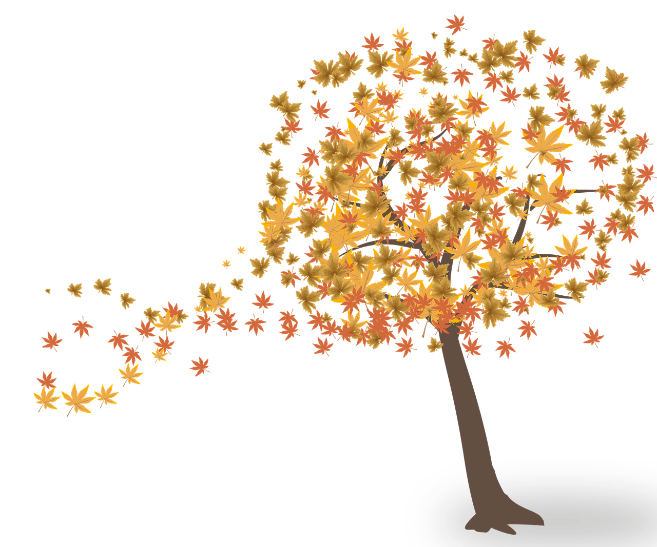 A drawing of a tree after its leaves have changed colors. The wind is blowing several leaves off of the tree