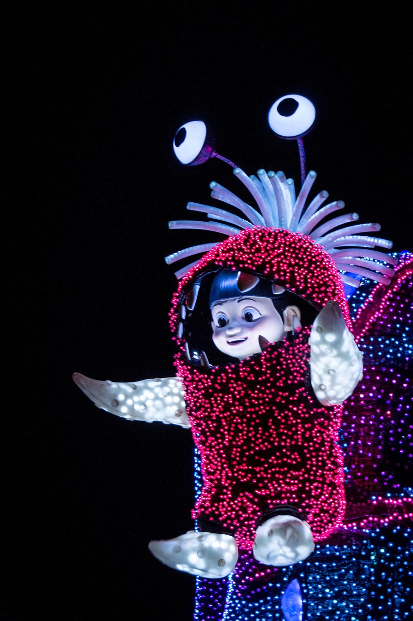 A decoration that shows the character Boo, from the movie Monsters Inc, in a monster costume